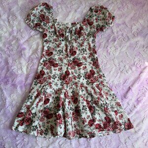 SHEIN VCAY Floral Print Puff Sleeve Knot Front Godet Dress, Size S